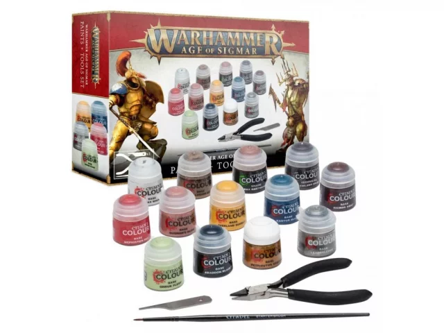 Barvící sada Citadel Age of Sigmar Paints + Tools (13 barev, štětec, pilník, kleště) 2021