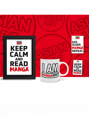 Ajándék szett Asian Art - Keep Calm and Read Manga (bekeretezett poszter, bögre, mágnes, mágneses könyvjelző)